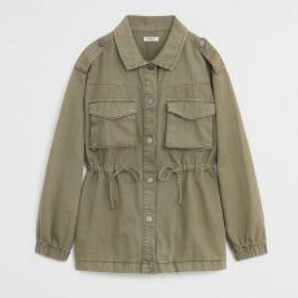 Mango Green Jean Jacket with Collared Neckline and Gathered Waist